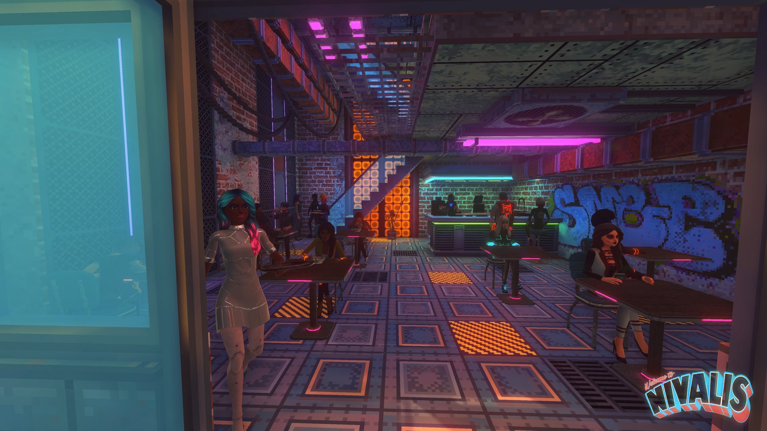 Official promotional Nivalis screenshot showing a neon-lit cafe interior