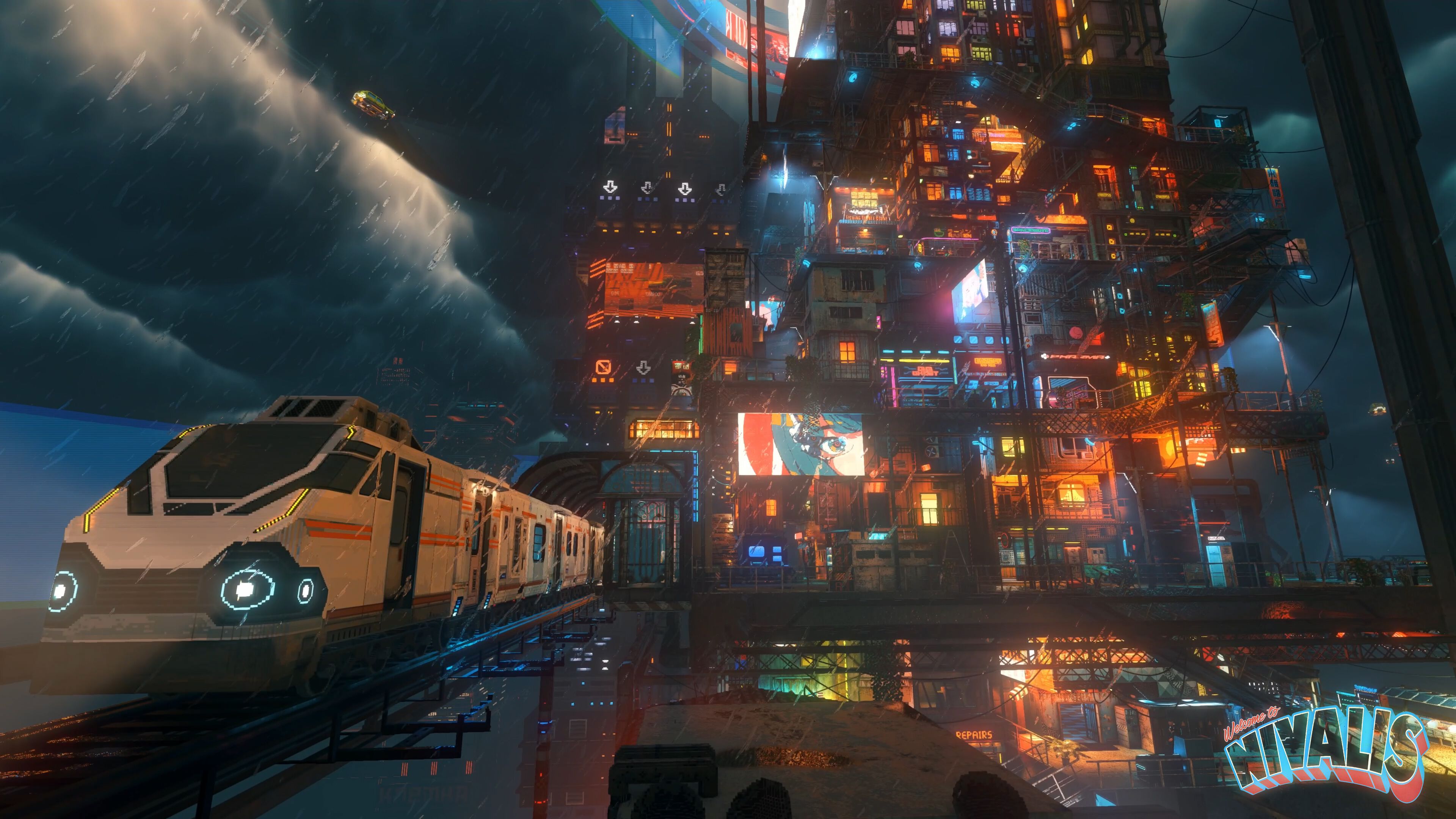 Nivalis city promotional screenshot with elevated rail and illuminated high-rise buildings