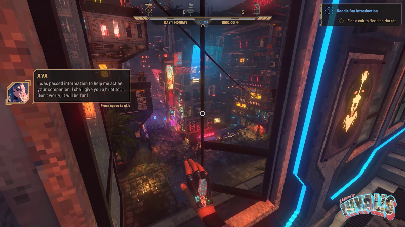 Nivalis gameplay screenshot with a first-person view of the city and an Ava conversation